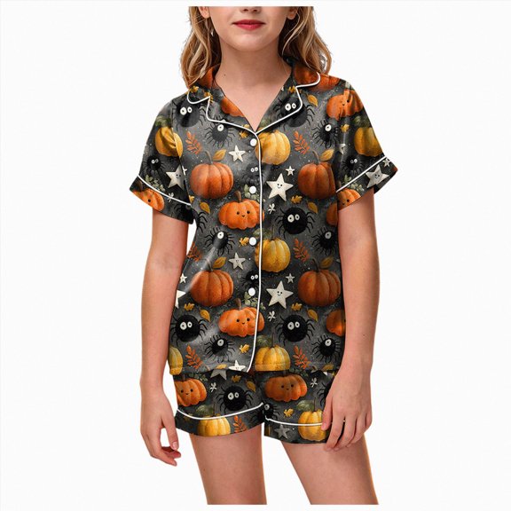 CAUYDY Girls Halloween Pajamas Baby 2-Piece Halloween Pjs Toddler Short Sleeved Jammies Kids Sleepwear Orange Sizes 8-9 Years