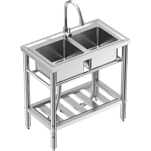 33x18in Stainless Steel Utility Sink NSF Certified Freestanding Single Bowl with 360 Hot and Cold Faucet Adjustable Legs Storage Shelf for Restaurant Garage Outdoor Kitchen Camping