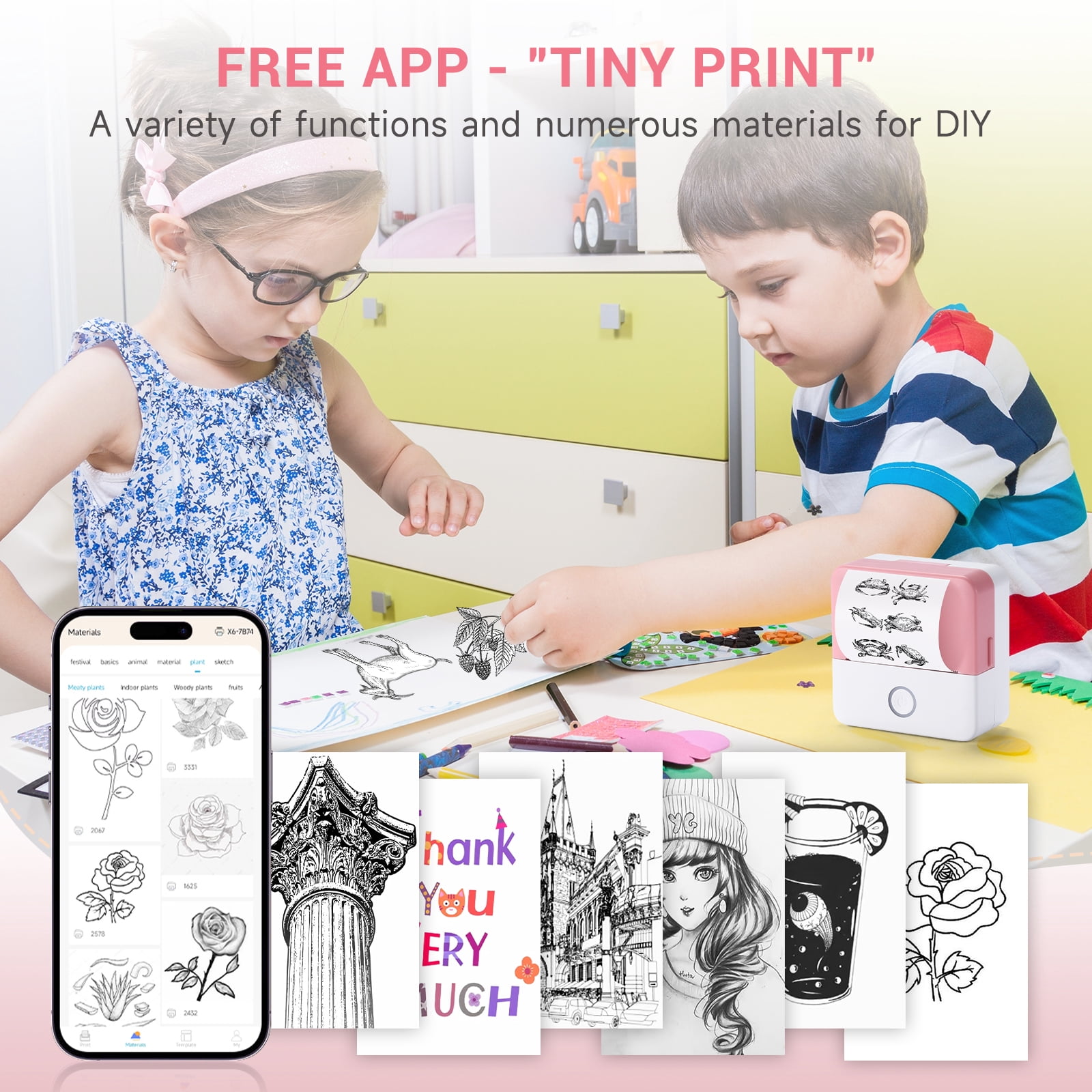 ROJAX Print Pods Mini Thermal Printer, Inkless Portable Sticker Maker with 10 Rolls Paper, Bluetooth Pocket Printer for Phone, Notes, Journal & DIY, Compatible with iOS & Android (Pink)