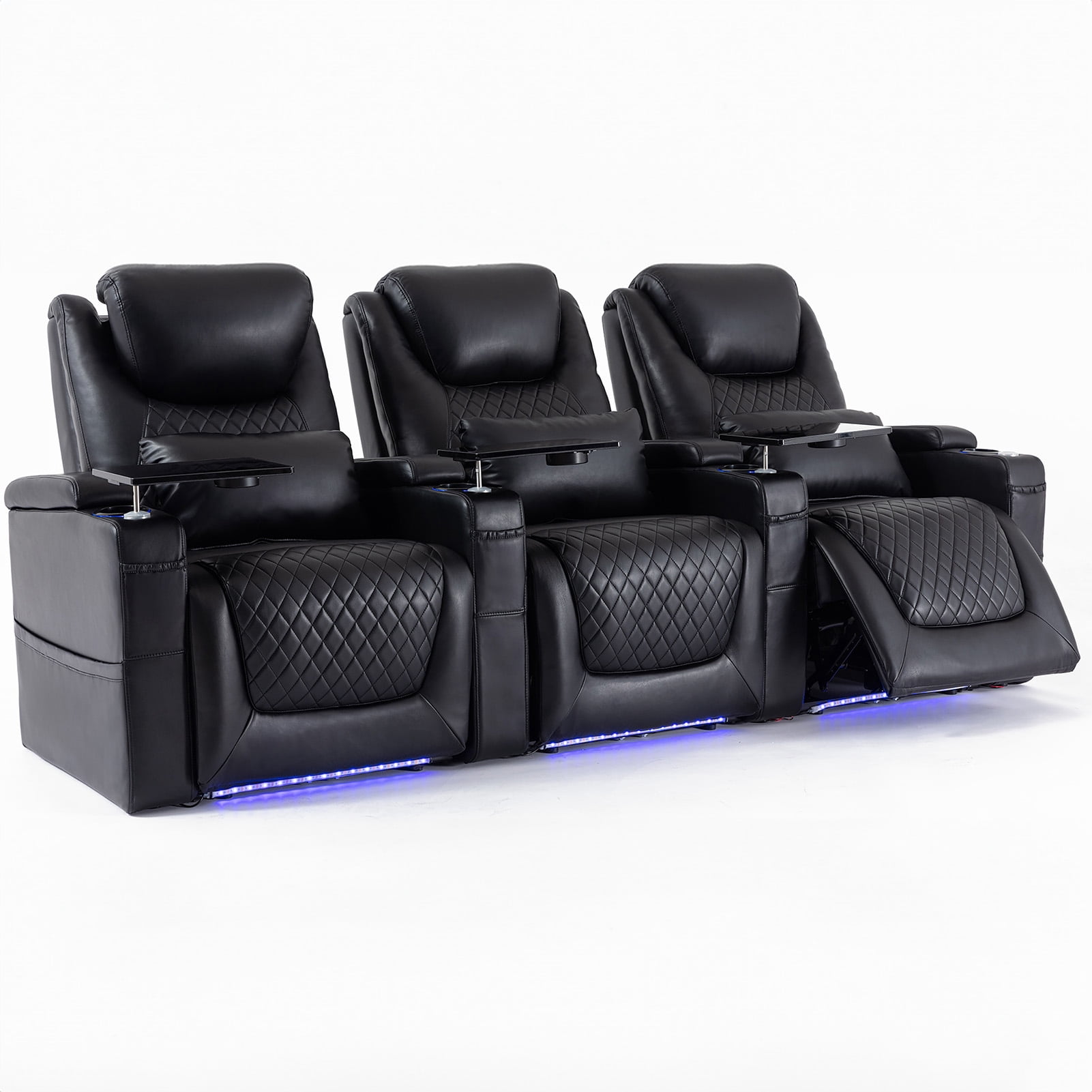 Home Theater Seating Seats, Theater Recliner Chair Sofa Game Movie Theater Chairs with 7 Colors Ambient Lighting, Lumbar Pillow, Side Pocket, Tray Table, Power Recline, Black