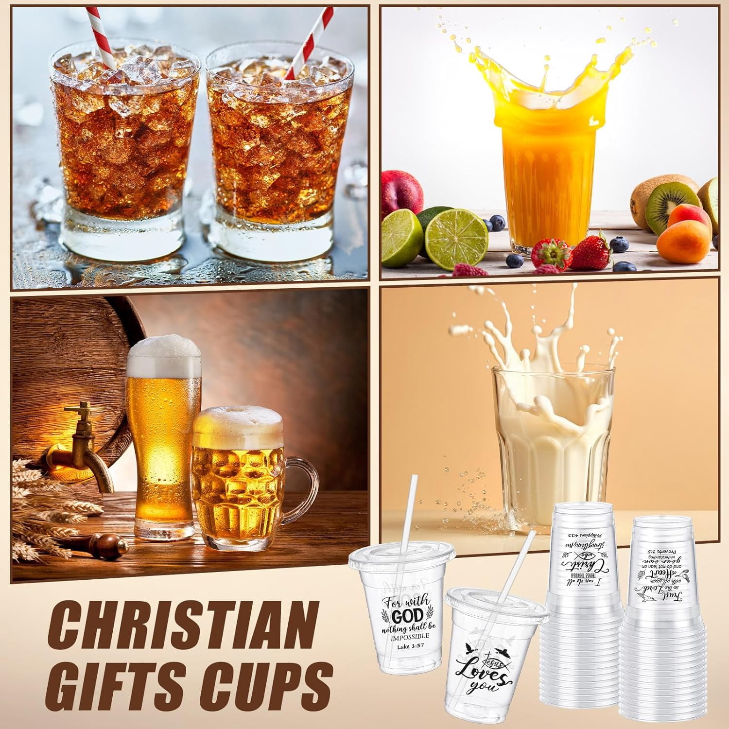 48 Pcs 12oz Inspirational Christian Gift Bible Verse Plastic Cups Bulk with Lids and Straws Religious Christian Disposable Cups for Church Party Favor Sunday School Church Baptism