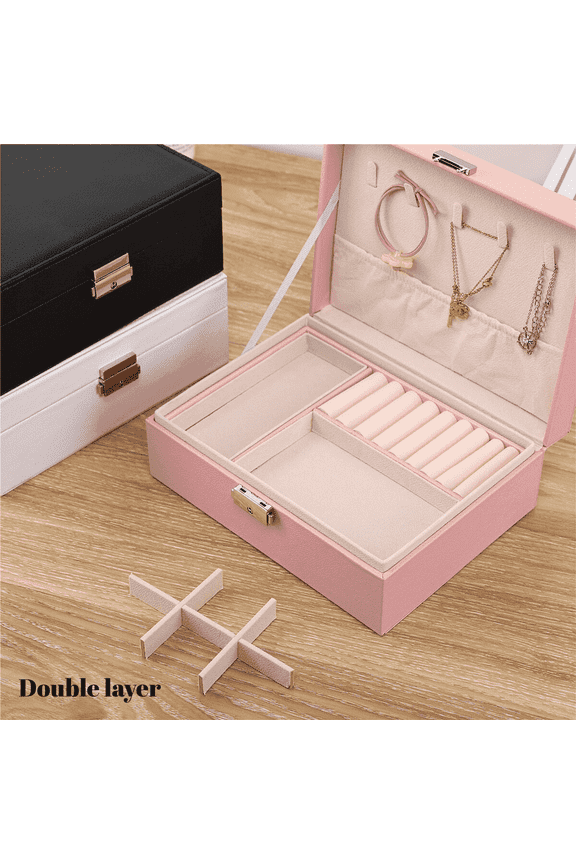 Double-Layer Jewelry Box with Removable Design, Exquisite Case for Travel , PU Leather Jewelry Organizer, Lockable Earrings Ring Necklace Storage, Birthday Gift for Girlfriend, Women (Pink)