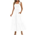 thumbnail image 2 of Wedding Guest Dresses for Women, Women's Fashion Sexy Solid Sleeveless Pleated Dresses Long Dress Midi Maxi Dresses Elastic Waist Boho Beach Dress Pockets(White,M), 2 of 9