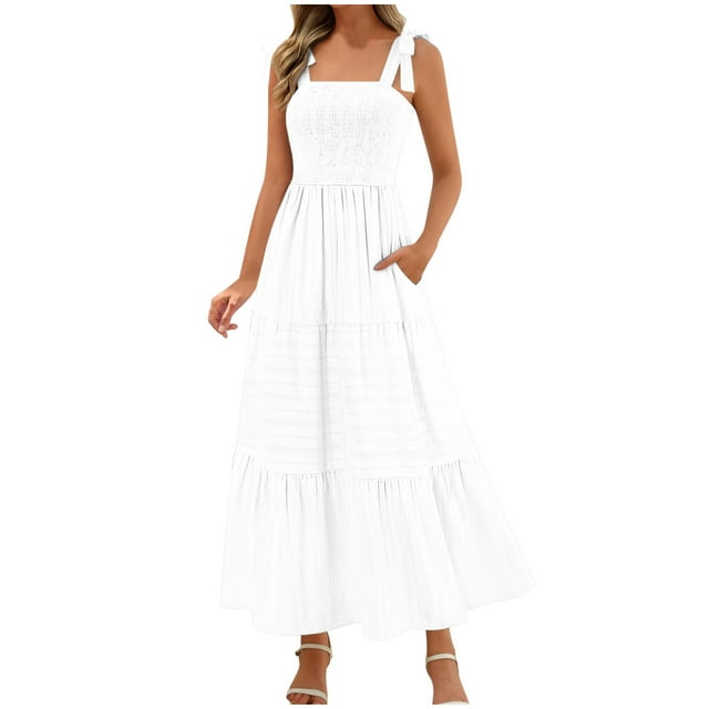 Lenpel Robes d'Été pour Femmes en Maille à Bretelles Spaghetti, Épaules à Nouer, Encolure Carrée, Robe Midi Plissée à Étages, Fluide, Décontractée