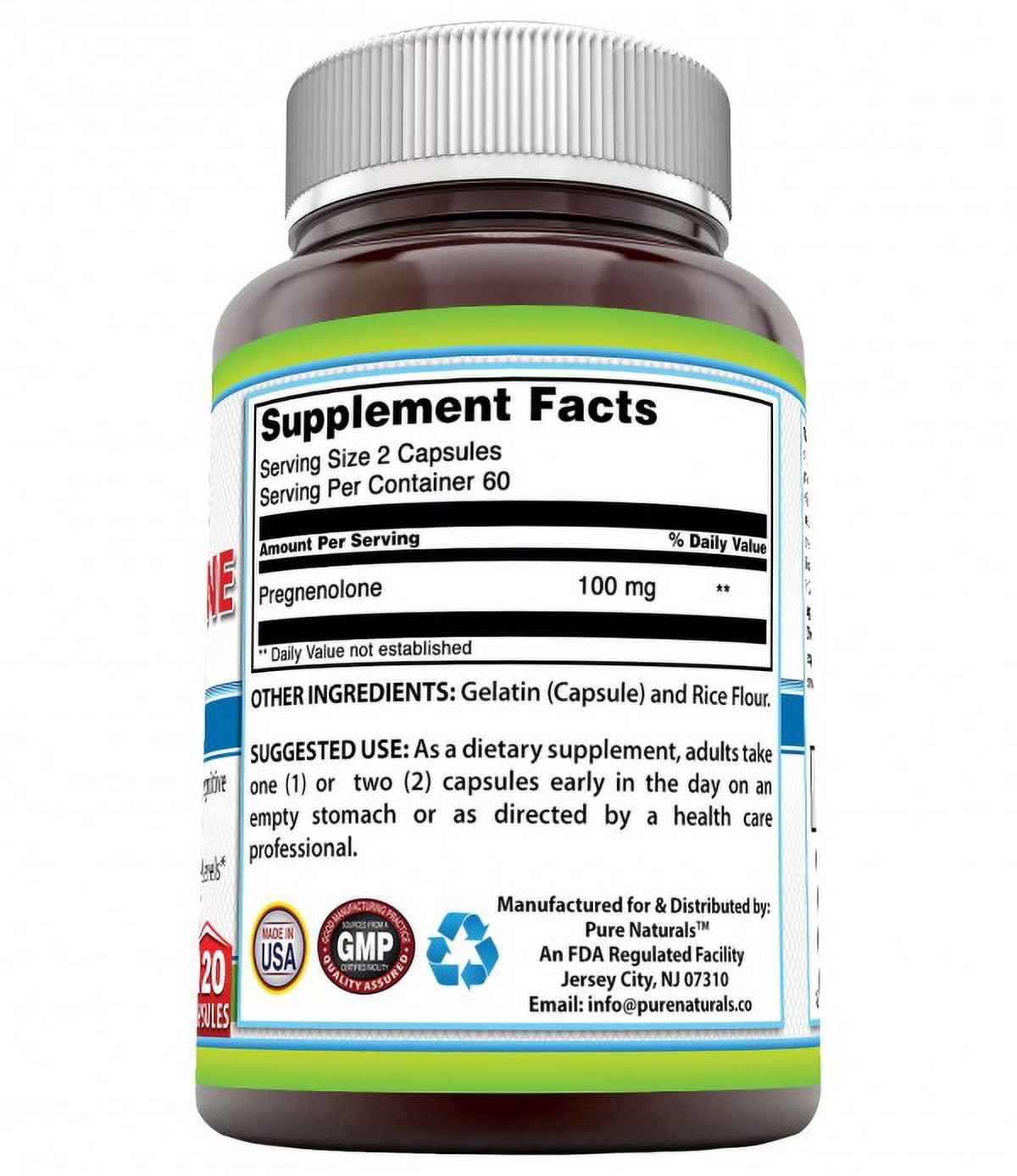 Pure Naturals Pregnenolone Dietary Supplement 100 Mg 120 Capsules (Non-GMO)