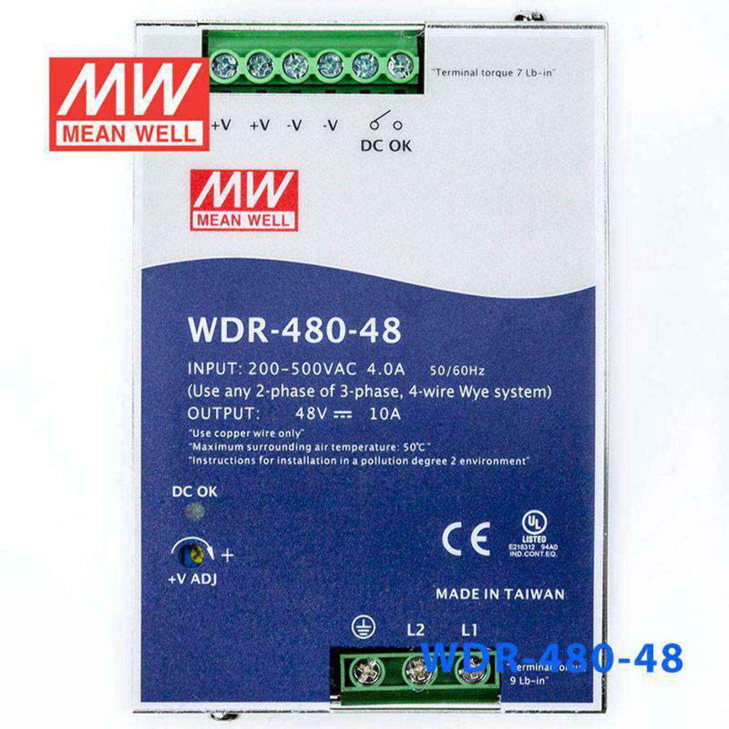Mean Well WDR-480-48 Single Output Industrial Power Supply 480W 48V - DIN Rail