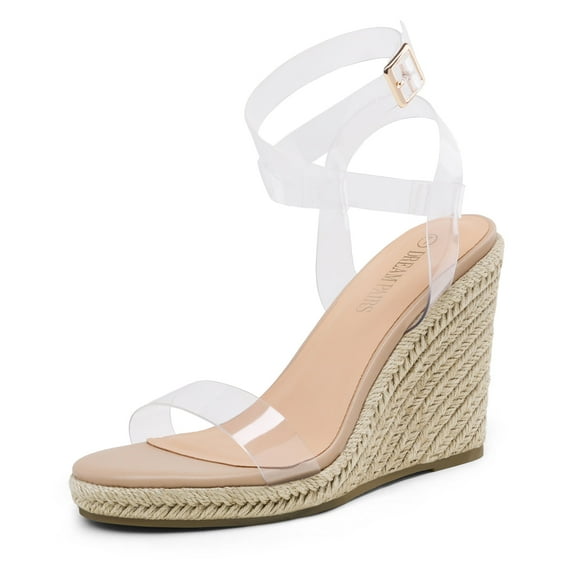 Dream Pairs Womens Open Toe Espadrilles Dressy Platform Sandals Buckle Ankle Strap Stylish Wedges Sandals SDPW2211W CLEAR/NUDE/PU Size 5