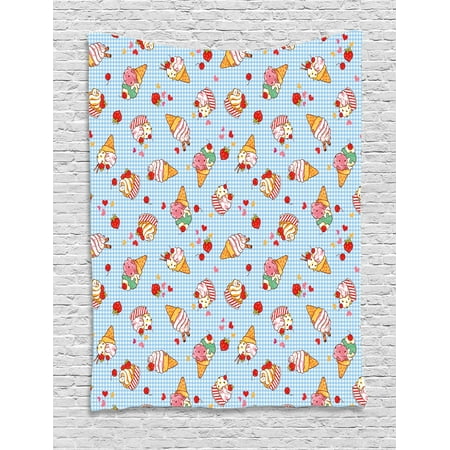 Tartan Heart - Ice Cream Decor Tapestry, Sweet Cherries on Checkered Tartan Motif with Hearts Love Valentines Print, Wall Hanging for Bedroom Living Room Dorm Decor, 60W X 80L Inches, Multicolor, by Ambesonne