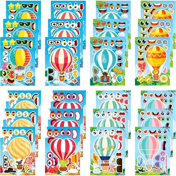 CCOCC 24 Sheets Hot Air Balloon Make a Face Stickers, Party Games Decal Mix and Match Sticker, Make Your Own Hot Air Balloon Stickers Diy Crafts for Birthday Party Supplies Classroom Rewards Gifts