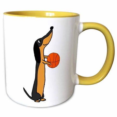 3drose, Cute Funny Dachshund Playing Basketball Cartoon, 15oz Two-tone Yellow Mug