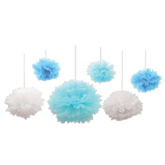 Party Central Pack of 6 Baby Blue and White Pom Pom Tissue Fluff Balls Decors 10.5"
