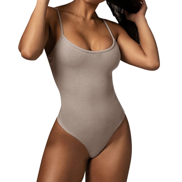 HBFAGFB Barboteuses pour Femmes Bretelles Coupe Ajustée Combinaison de Base avec Bas Triangulaires Beige Taille TG