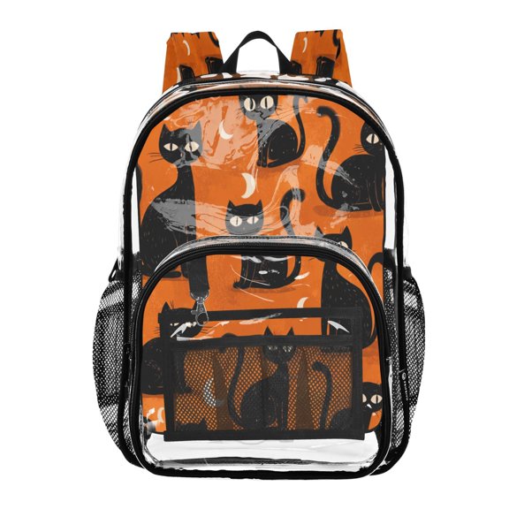 Clear PVC Backpack 12L Transparent Shoulder Bag with Mesh Pockets Black Cat with Moon Design