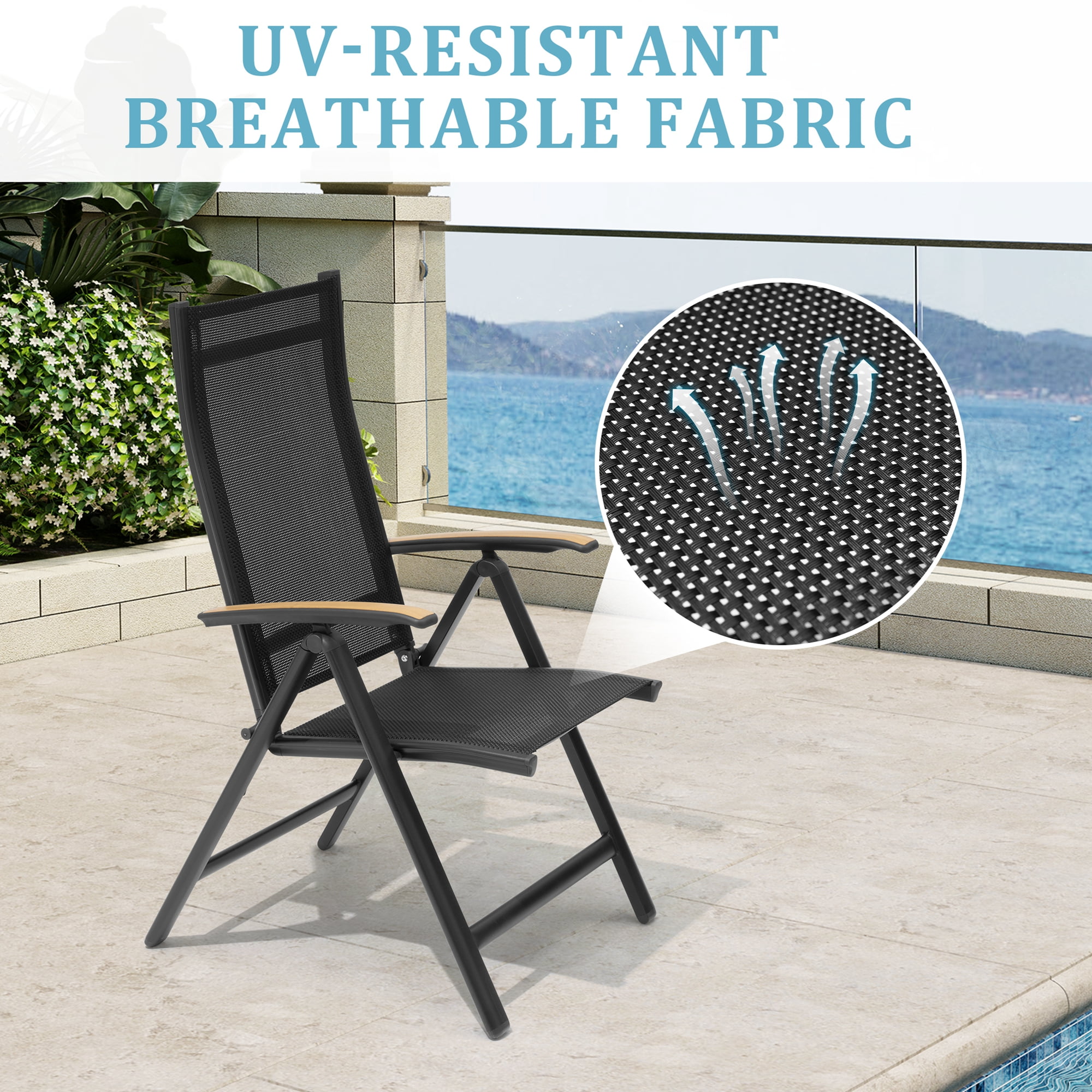 Pellebant Set of 2 Aluminum Outdoor Folding Dining Chair with Arm, Black