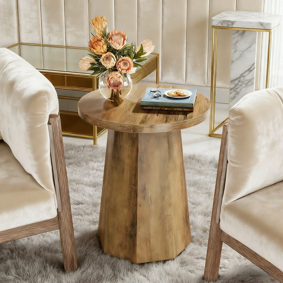 Fnova Farmhouse Round End Table, Wooden Side Table with Octagonal Base, Nightstand Pedestal Accent Furniture for Living Room, Bedroom