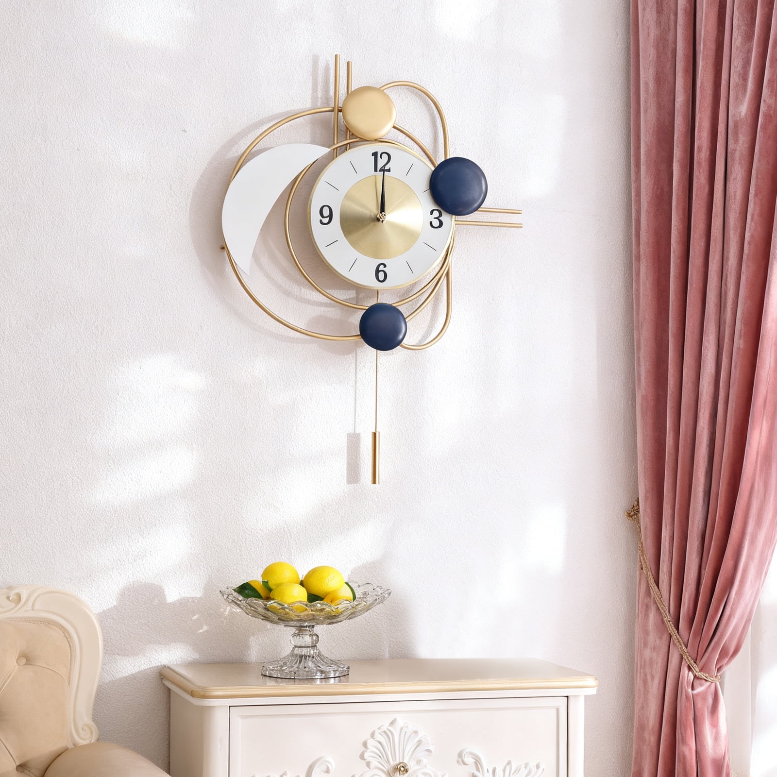 Gold Round Wall Decor Clock Silent Wall Clock Battery Powered Automatic Swing for Living Room Entrance Door