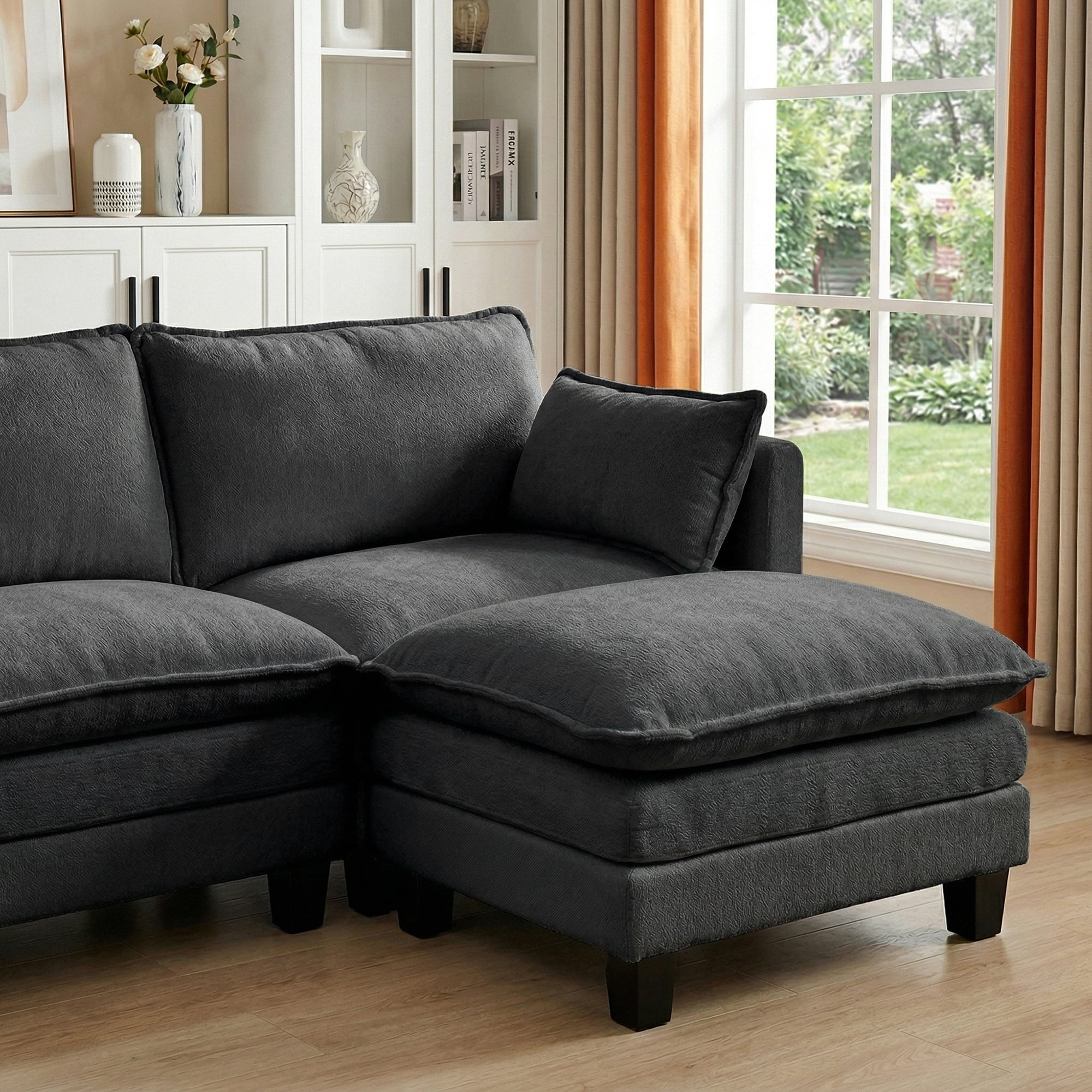 Howcool 110"W Modern Chenille Sectional Sofa with Ottoman,L-Shaped Modular Sofa Couch with USB Ports for Living Room,Black