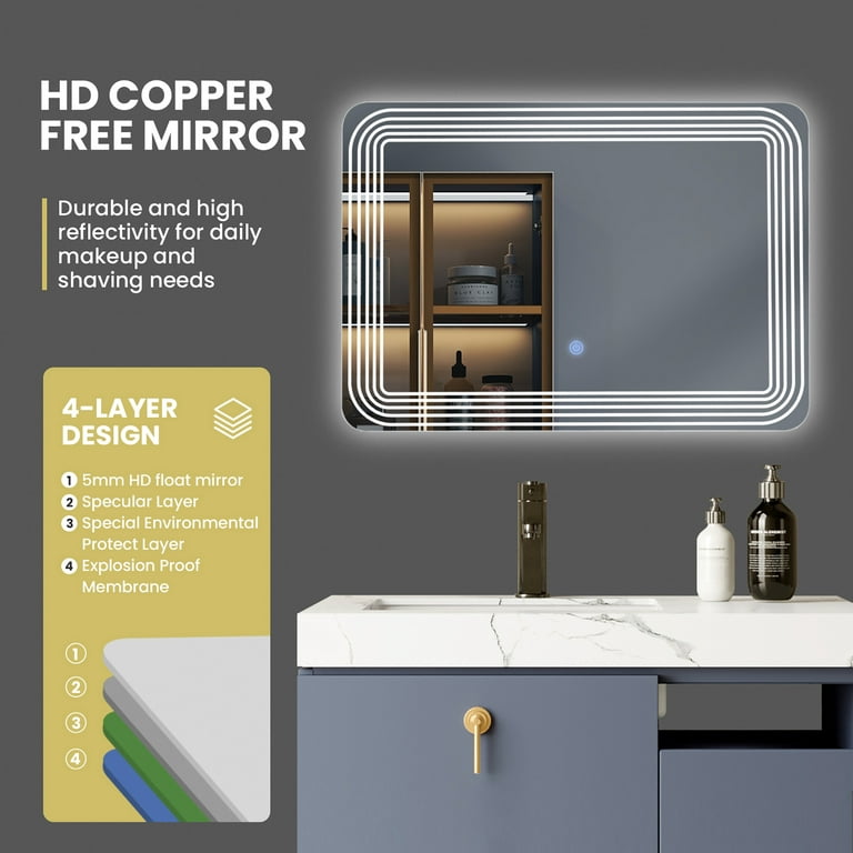 Costway Rectangle Bathroom LED Mirror Wall Mounted 3-Color Dimmable Touch  Switch Makeup 