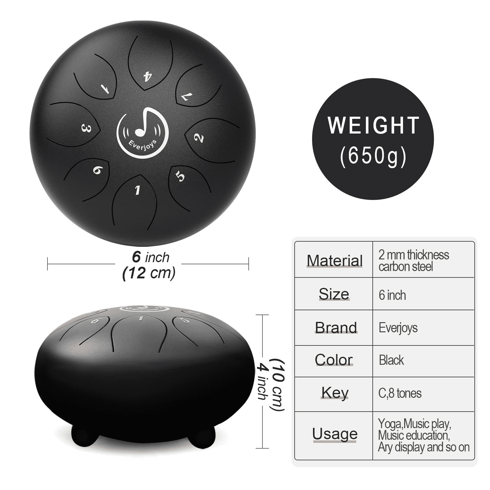 EVERJOYS Steel Tongue Drum, 8 Notes 6 Inches C-Key Handpan Drum Percussion Instrument w/Gig Bag, Music Book and Mallets for Beginner Meditation Healing Concert Yoga Steel Drum,Black