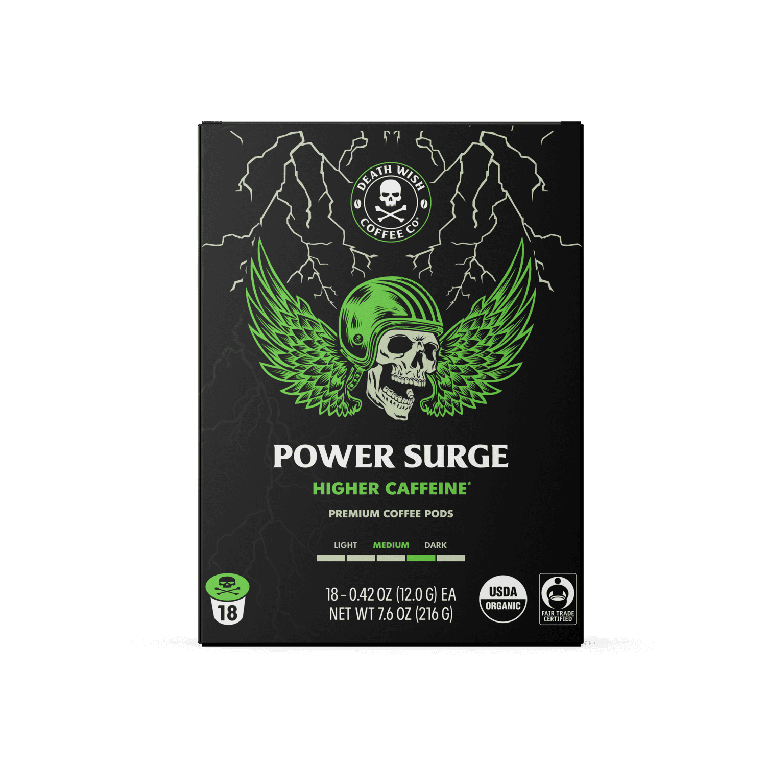 Death Wish Coffee Co., Power Surge, Higher Caffeine, Organic and Fair Trade™, Single Serve Coffee Pods, Medium Dark Roast, 18 Count