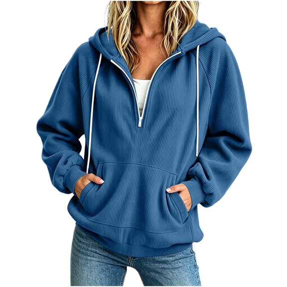 Smupbvky Corduroy Hoodie for Women Half Zipper Raglan Pullover Winter Sweatshirt Casual Top With Pockets