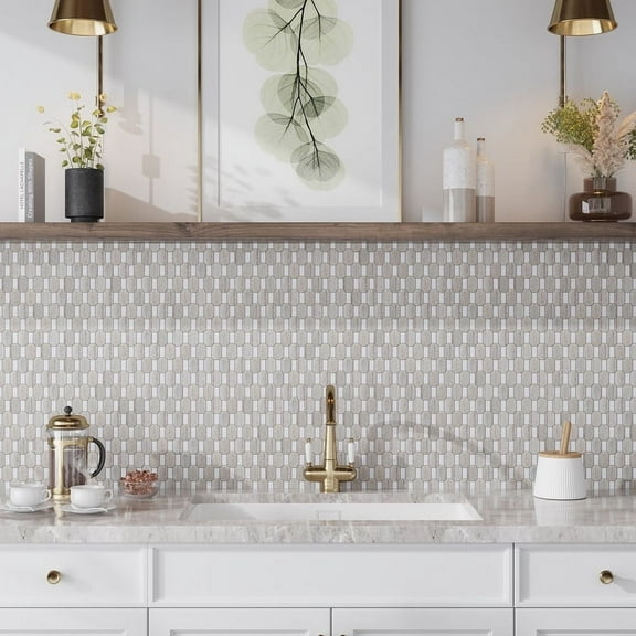 Mirage 12 x 13 in. Polished Warm Beige with Bright White Marble Mosaic Geometric Wall and Floor Tile (5.59 sq ft/case) - 5 Pack