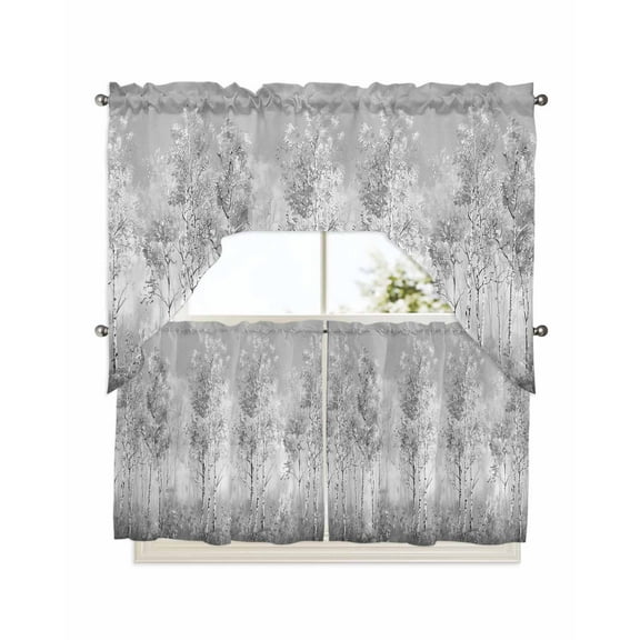 Grey Vintage Kitchen Curtain and Valance Set 3 Pieces, Rod Pocket Short Tier Curtains 24 Inch Length, Modern Abstract Art Oil Paiting Swag Topper Small Window Treatment for Cafe Bathroom Bedroom