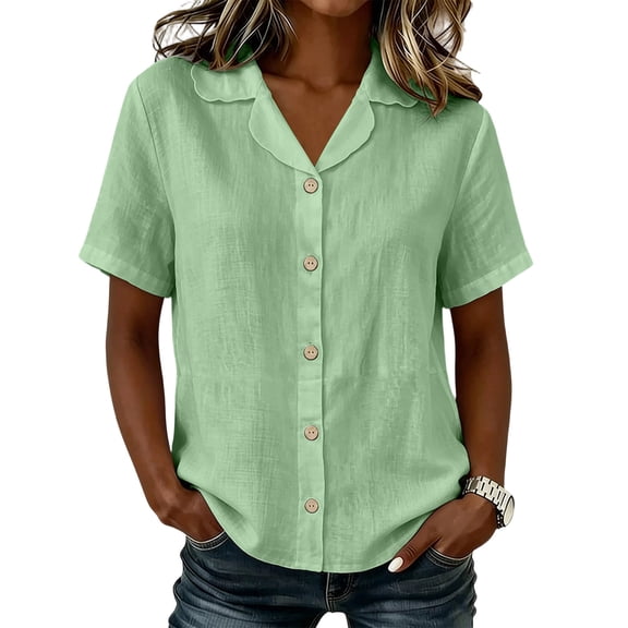 Edvintorg Button Down Shirts for Women Cotton Linen Turndown Collar Loose Tops Summer Short Sleeve Lightweight Casual Blouse Trendy Womens Clothes Mint Green M