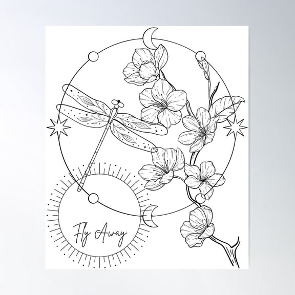 Fly Away Floral Line Art | Delicate Dragonfly & Sun Design Poster Wall Art, Modern Wall Decor For Living Room Bedroom, 8x12 UNFRAMED