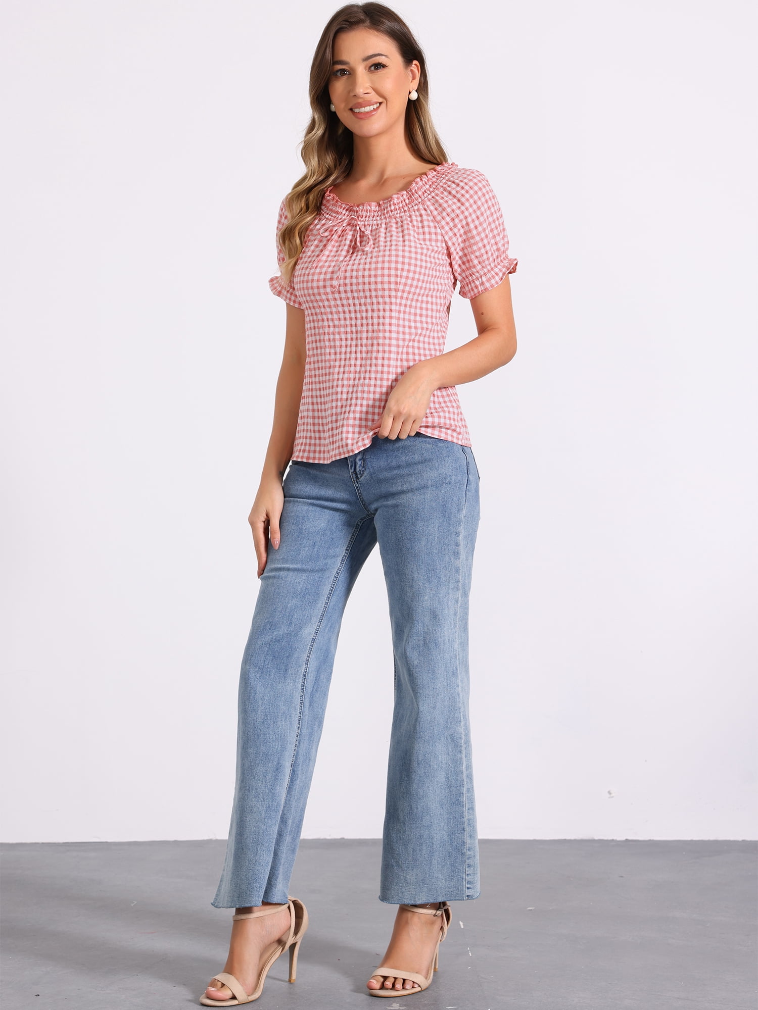 DARING DIVA Women's Gingham Plaid Peasant Round Neck Puff Sleeve Tops S Pink