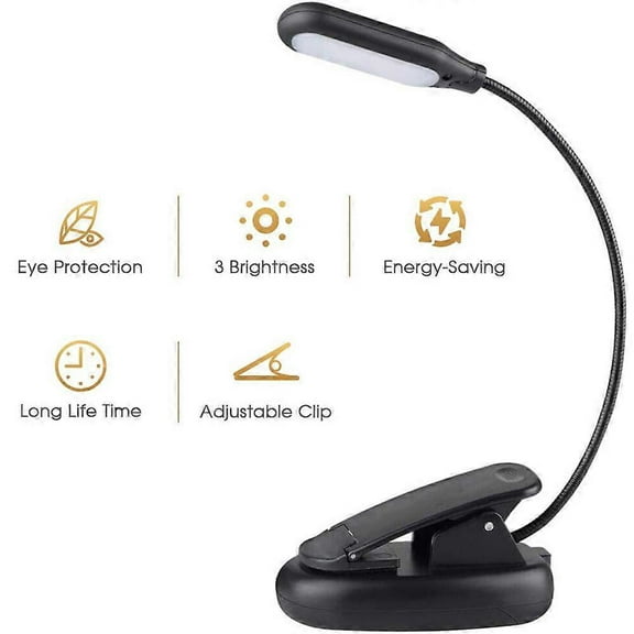 Rechargeable book light, LED clip-on reading light, suitable for bedside reading, 3 colors 3 brightness