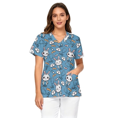 HUIACONG Blue Cute Rabbit Women Scrub Tops Size 4XL Stretch Easy Care Fabric Scrubs Women's V-Neck Comfortable Fashion