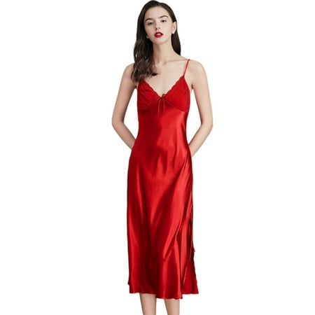 

EFINNY Women s Nightdress Lace Satin Lingerie Long Chemises Deep V Neck Nightgown Sexy Long Sleep Dress Sleeveless