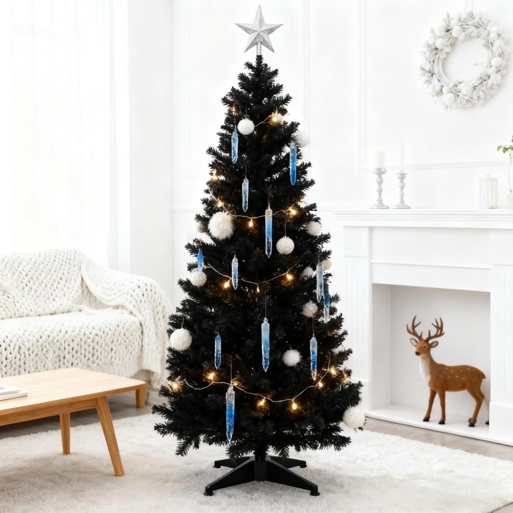 5ft Unlit Black Pencil Christmas Tree 294 Tips Easy Assembly Plastic Base Small Space Holiday Decor