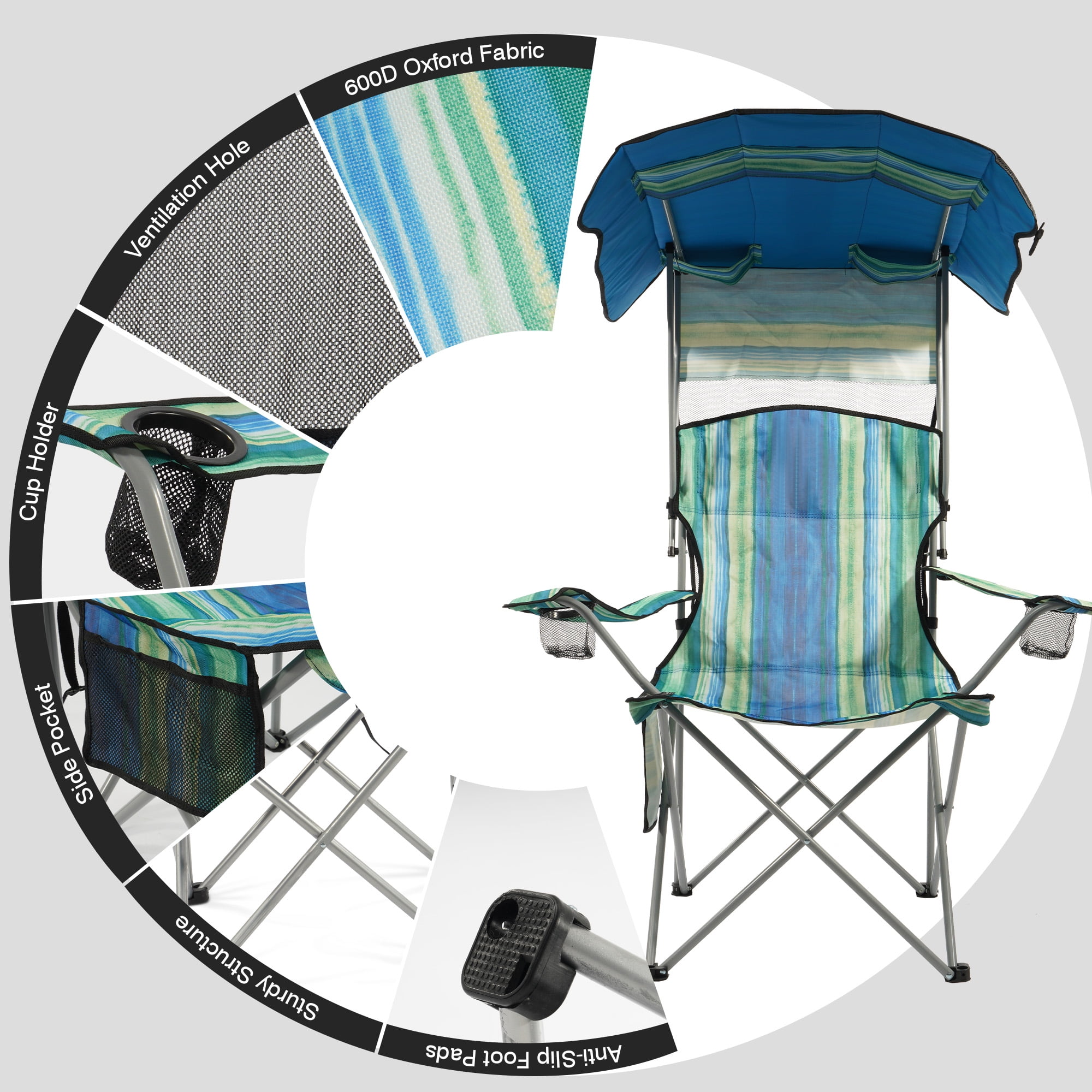 FlexWave Folding Camp Chair，Portable Outdoor Chair，with Shade & Cup Holder，for Camping, Beach, Fishing, and Sports Events