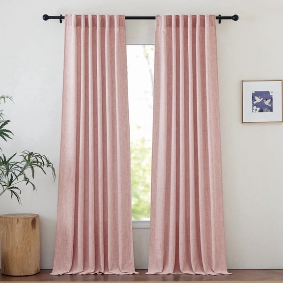 NICETOWN Linen Curtains for Living Room, Semi Sheer Faux Linen Curtains Rod Pocket Back Tab Light Filtering Privacy Window Drapes Soft Linen Textured Farmhouse Curtains, 52"x72", Peach Pink, 2 Panels