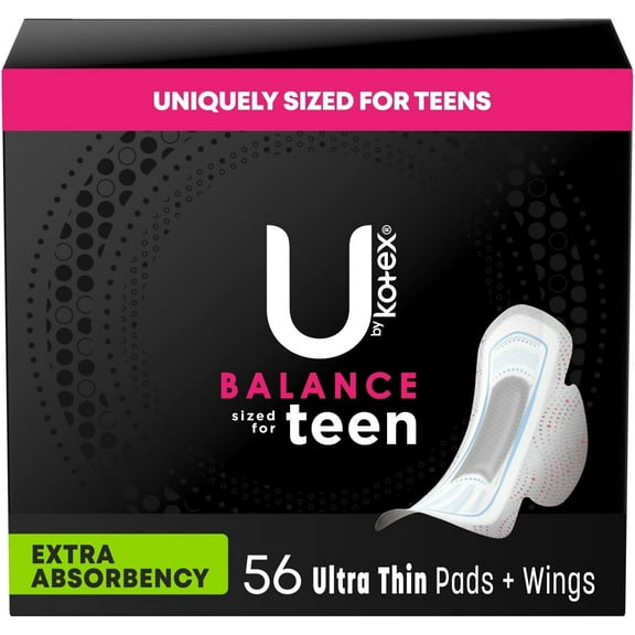 U by Kotex Balance Sized for Teens Ultra Thin Pads with Wings, Heavy Absorbency, 56 Count (4 Packs of 14) (Packaging May Vary)