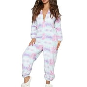 CenturyX Christmas Women's Onesies Flannel Hoodie Pajama Long Sleeve Zipper Up Jumpsuit Warm Christmas Sleepwear Pjs Set Tie Dye Purple L
