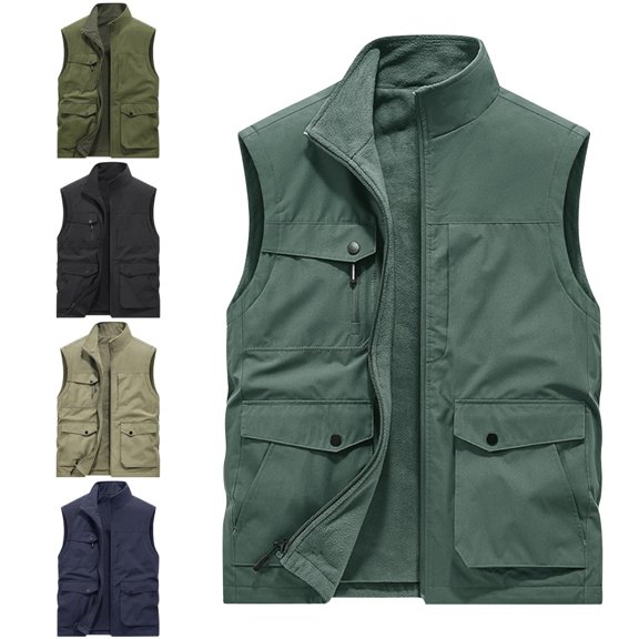 Zysthvn Athletic Mens Jackets Casual Lightweight Cargo Outdoor Winter Mens Vest Jacket Fishing Solid Stand Collar with Pockets Jackets, Khaki M