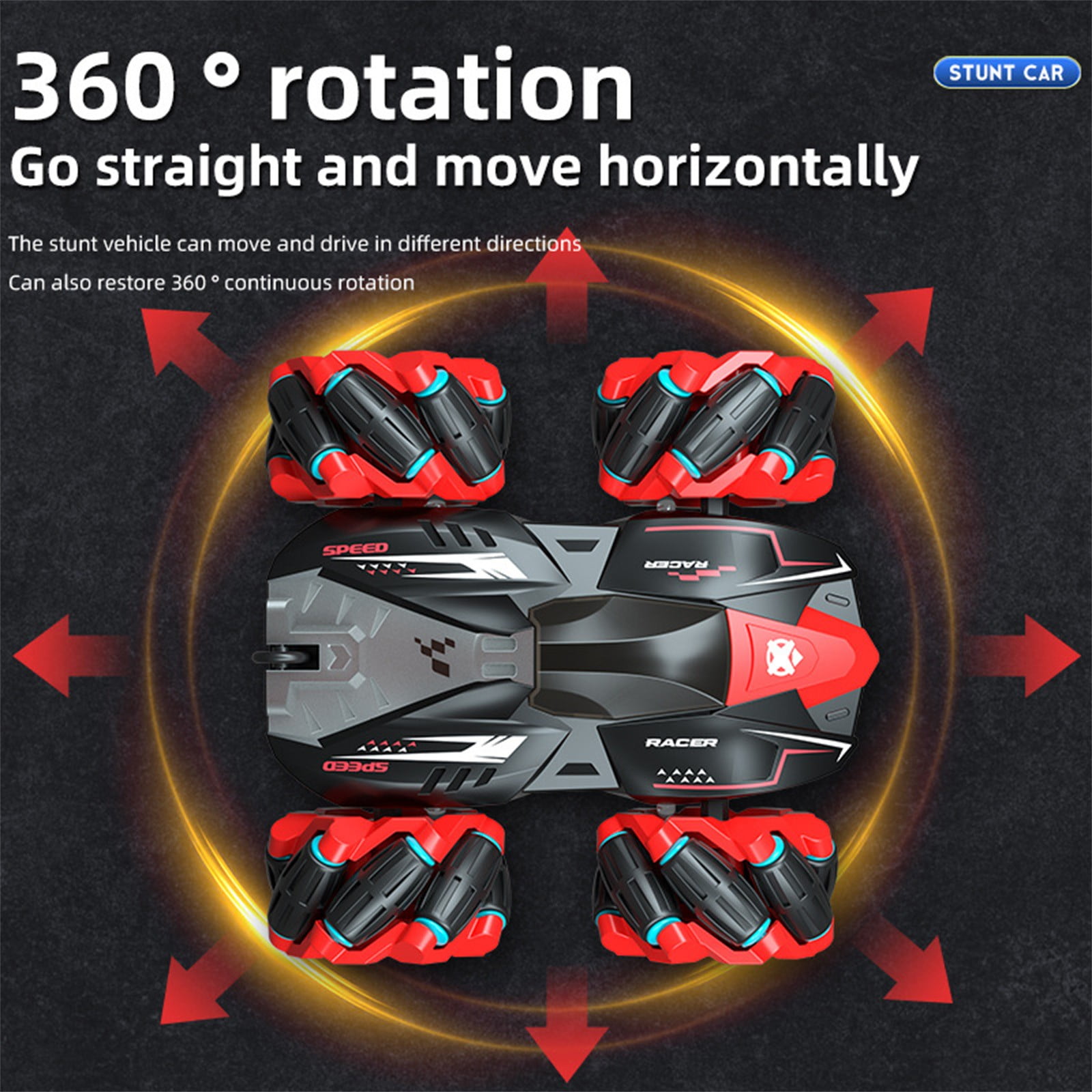 Grey Double Sided Rc Stunt Car Multi-Directional Driving Function 2.4G Remote Control With Led Effects Portable Racing Toy Gift Set