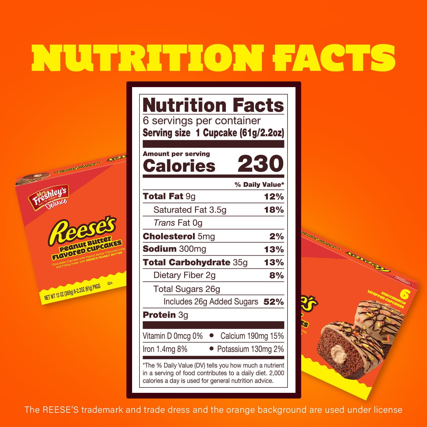 Mrs. Freshley's Deluxe Reese's Peanut Butter Cupcakes, 6 Count, 6 Individually Wrapped Snack Cakes, Shelf-Stable