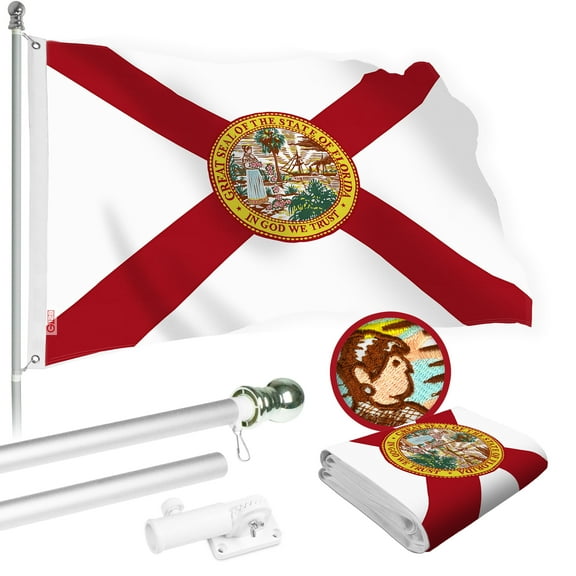 G128 Combo Pack: 5 Ft Tangle Free Aluminum Spinning Flagpole (Silver) & Florida FL State Flag 2.5x4 Ft, StormFlyer Series Embroidered 220GSM Spun Polyester | Pole with Flag Included