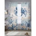 thumbnail image 2 of Ocean Octopus Sheer Curtains 96 Inch Long 2 Panels, Blue Yellow Sea Star Shell Coral Blue Yellow Stripes Light Filtering Rod Pocket Curtains, Sheer Voile Drapes for Living Room Bedroom, 52"x96", 2 of 8