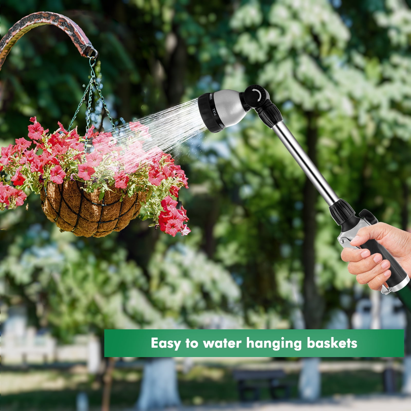Restmo Metal Watering Wand, Heavy Duty Garden Hose Wand with 180° Swivel Head, 16'' Nozzle, 7 Spray Patterns, Black
