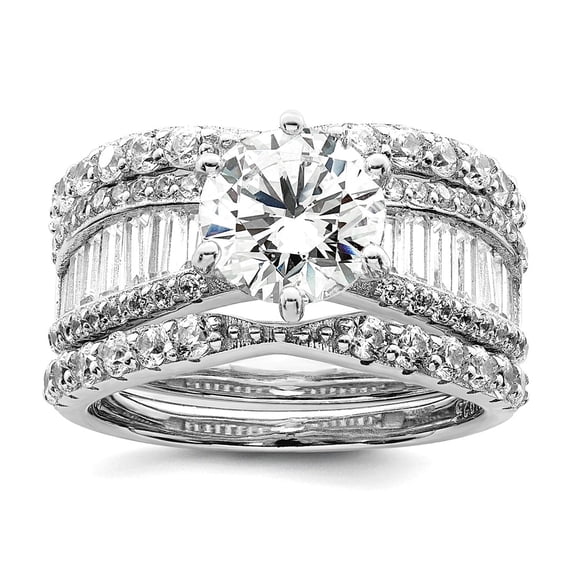 925 Sterling Silver Polished Rhodium Plated Cubic Zirconia Trio 3 Ring Set Size 8 Ring for Women