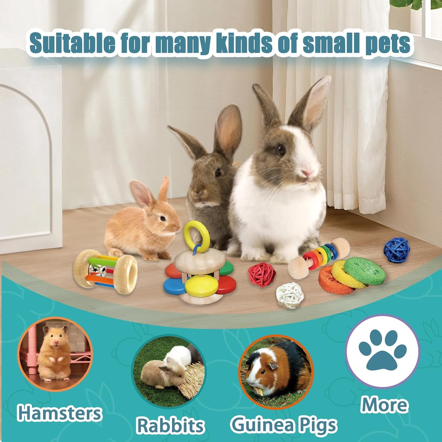 9PCS Wooden Bunny Toys,Safe Rabbit & Guinea Pigs Teeth Grinding Toy for Chinchillas, Hamsters & Small Animals - Indoor & Outdoor