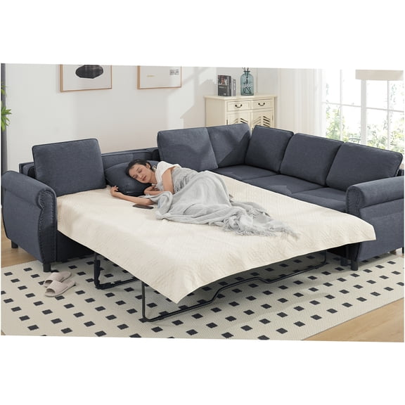 JERFIT Modern L-Shaped Convertible Sleeper Sectional Sofa Bed with Pull-Out Function, 6-Seater Couch for Living Room, Gray Polyester Upholstery