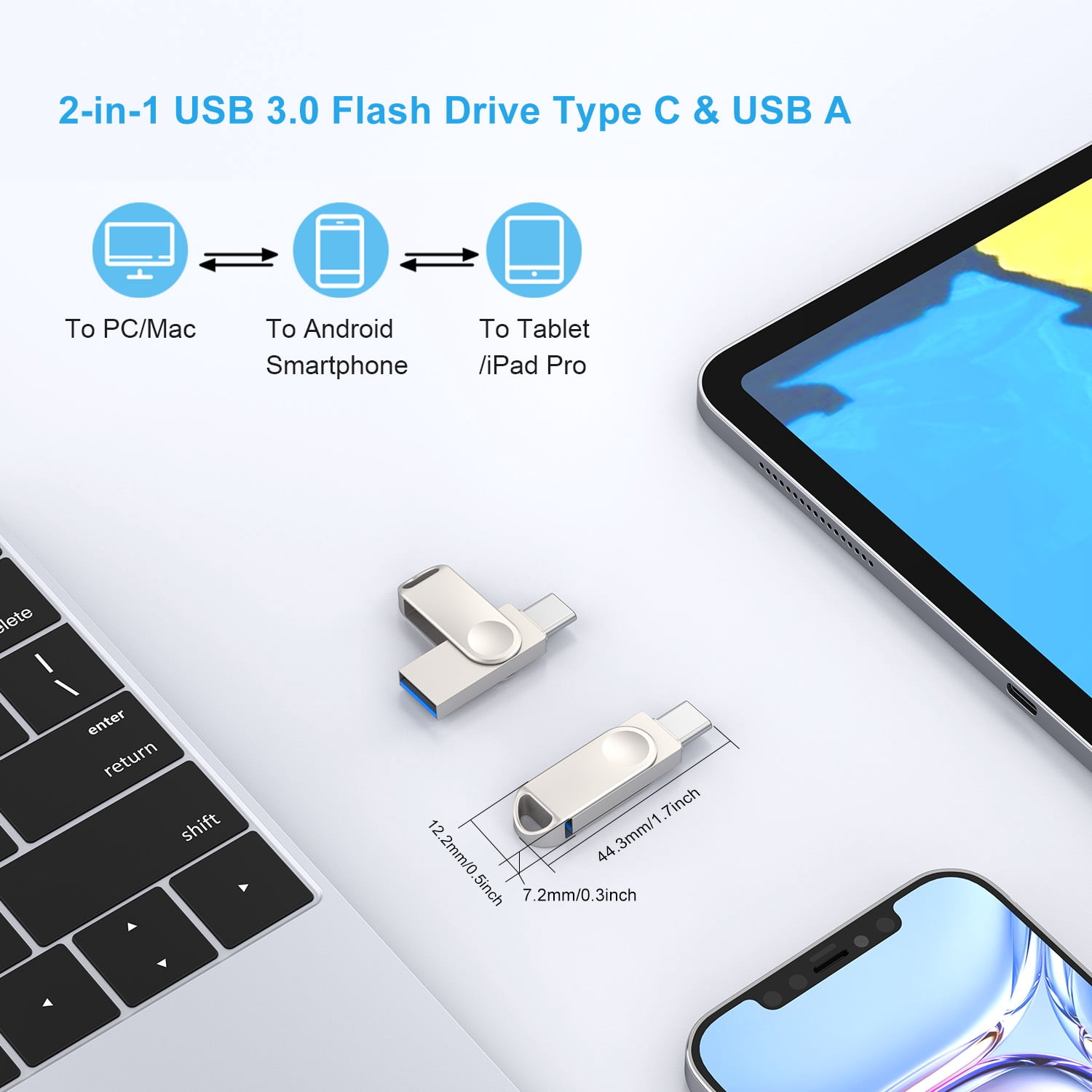 TOPESEL 128GB USB C Dual Flash Drive 2 in 1 OTG USB 3.0 Type-C Thumb Drive for Android Phones, Computers