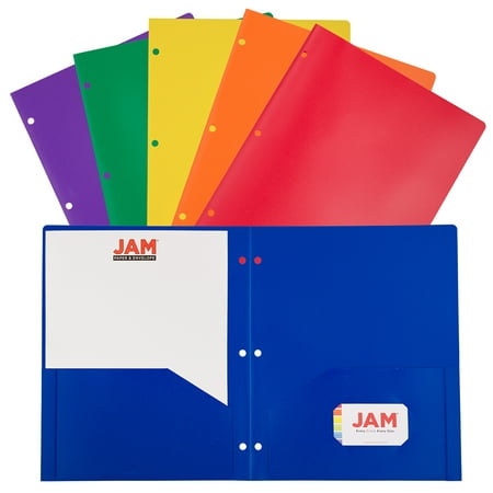 JAM Paper Hole Punch Plastic Folders, Assorted Primary Colors, 6 per Pack