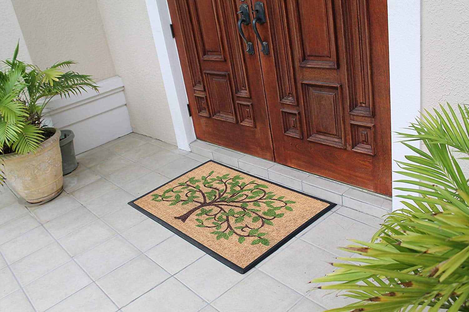 A1 Home Collections Doormat Hand-Crafted Rubber Coir Life of Tree Double Door Mat (30" X 48"), Green/Brown